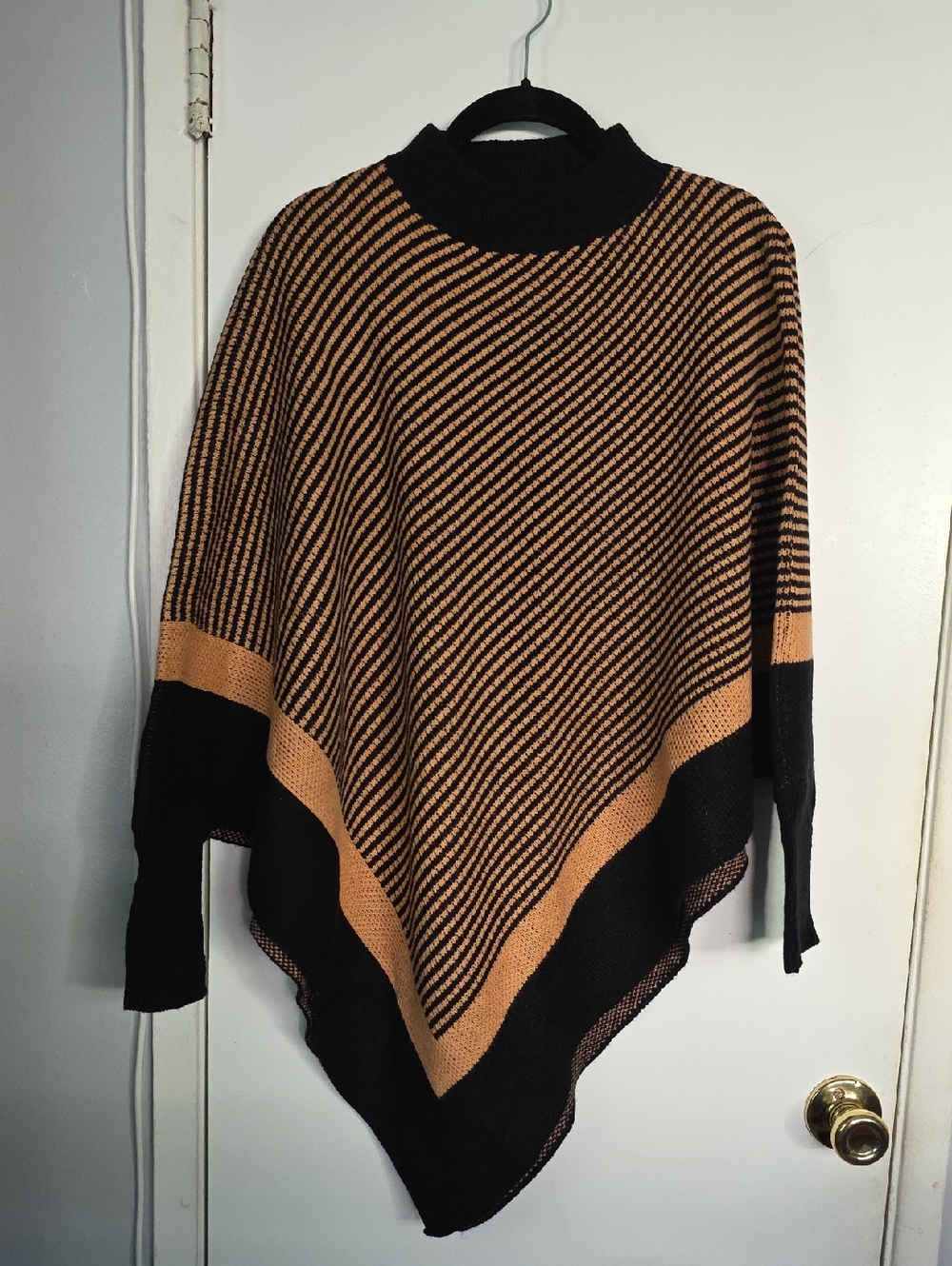 SHEIN Black & Tan Striped Knit Poncho with Mock Neck
